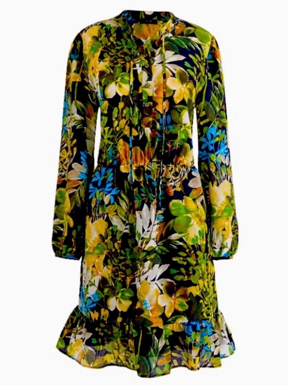 J. Crew Floral Long-Sleeve Ruffle-Hem Dress in Green, Yellow, Blue SILK
